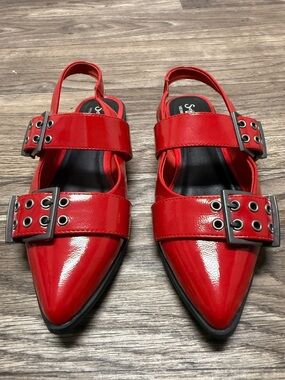 Seychelles Red Patent Pointed Buckle Slingback Flats
